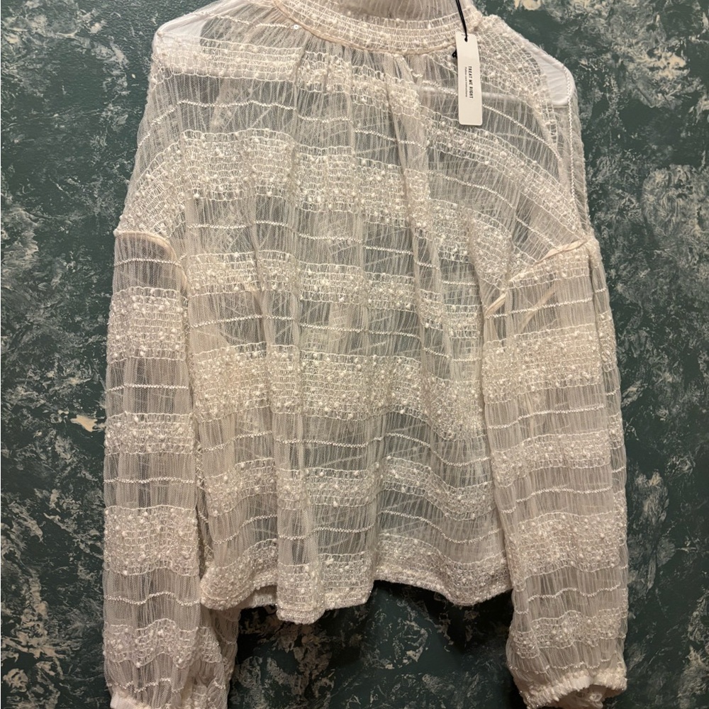 Express Sheer Textured Long-Sleeve Top in Cream